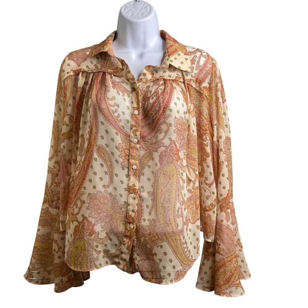 Dress Forum Women's Orange Paisley Poet Blouse Size M Boho Flowy Romantic Hippie